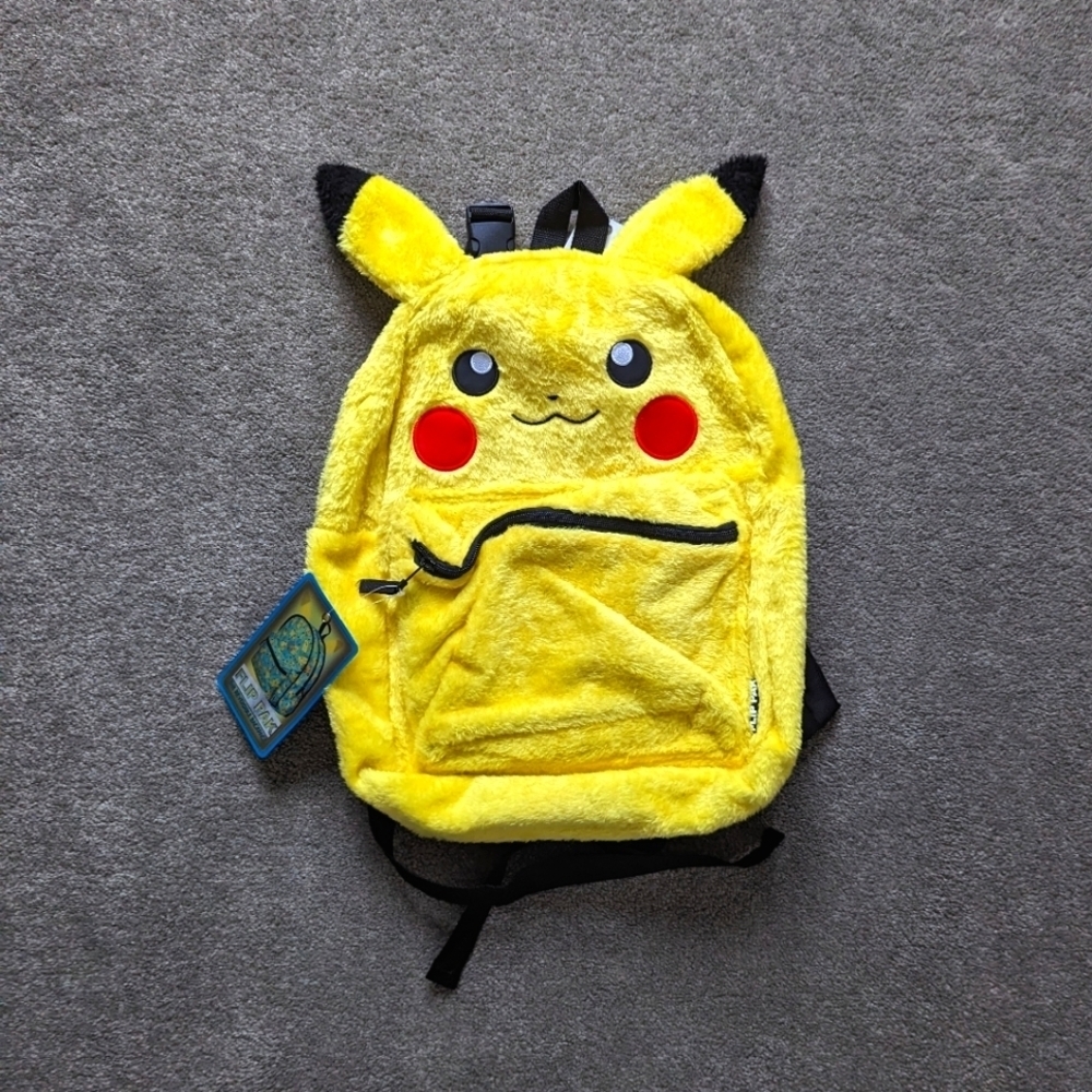 Pokemon Pikachu Big Face Ears Fuzzy Reversible 16" Backpack